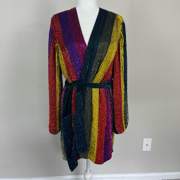 NWT RETROFETE GABRIELLE SEQUIN ROBE DRESS MULTI STRIPE SIZE SMALL - Picture 9 of 16